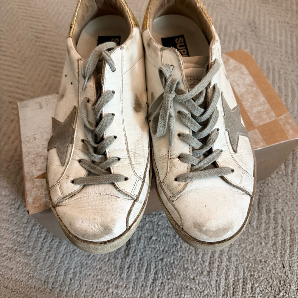 Golden Goose White Leather Sneakers with Gray Star and Gray Laces